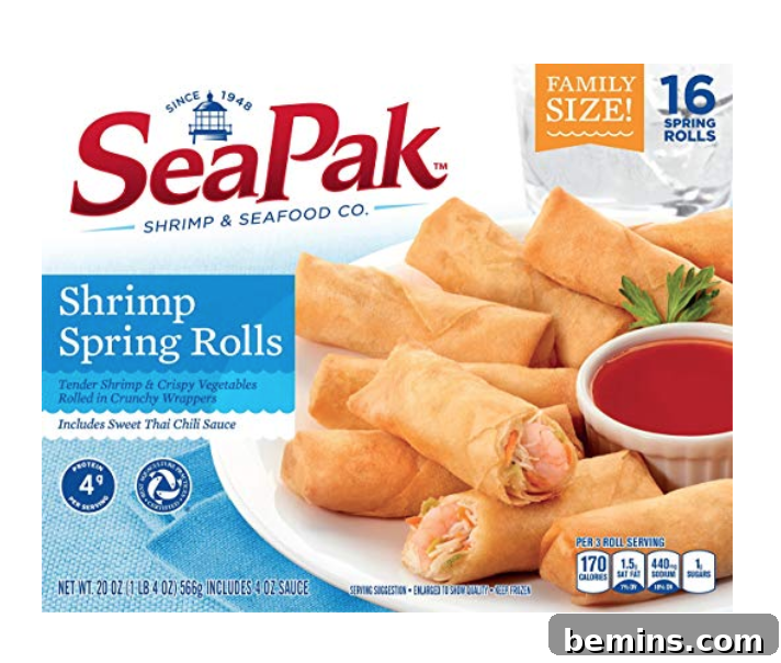 A package of SeaPak Shrimp Spring Rolls, showcasing the crispy wrappers and visible shrimp filling