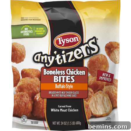 A bag of Tyson Any'tizers Boneless Chicken Wyngz, featuring an image of the crispy chicken bites coated in buffalo sauce