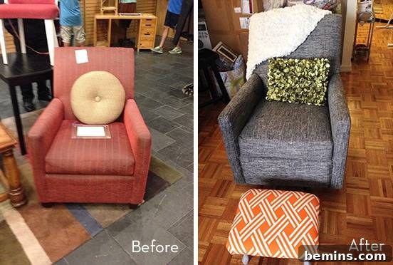 Chair upholstery makeover with leather and cushions.