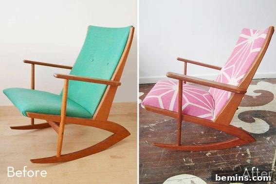 Teal rocking chair transformed into a pink patterned masterpiece.