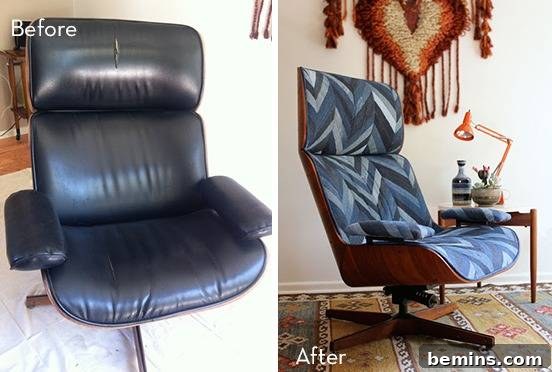 Before and after chair makeover: Beautifully crafted denim lounge chair.