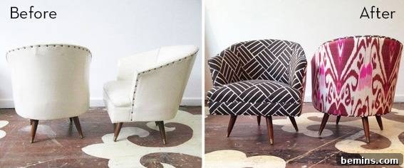 Before & after split screen of white chairs next to colorful chairs.