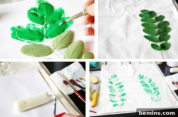 14 Textile DIYs to Level Up Your Craft Game 12 A step-by-step guide illustrating the process of painting vibrant green leaves on a piece of paper.