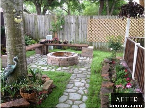 After: A beautifully redesigned backyard with a fire pit, flower bed, and stone path.