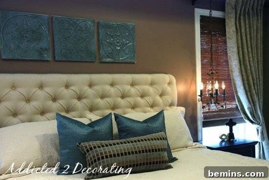 King sized bed with patterned headboard