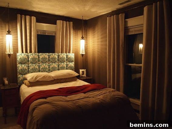 Dimly lit bedroom with earth tones