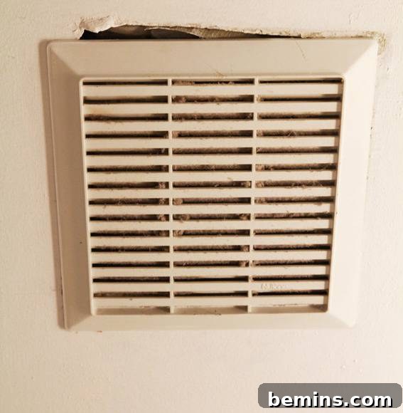 Duck taped bathroom fan: A makeshift repair showcasing the age and disrepair of the existing bathroom