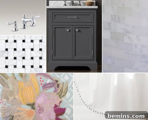 Refreshed and Radiant: A Bathroom Transformed 8 Inspiration Board with Chrome, Marble, and Grey Vanity