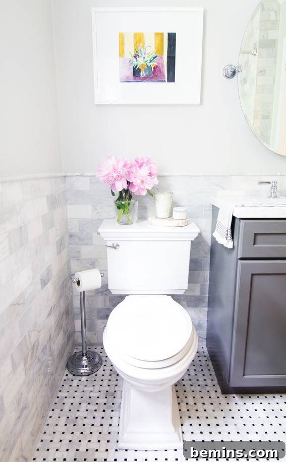 Lulie Wallace Painting, Marble Subway Tile, Grey Vanity