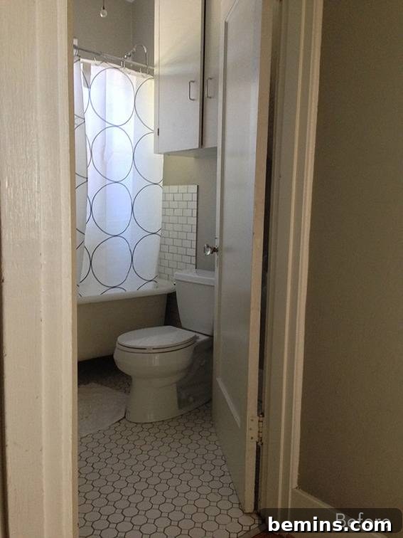 29th Avenue: From Bland to Bold - A Bathroom's Dramatic Transformation 3 A light-colored bathroom with a toilet and shower - Before Renovation