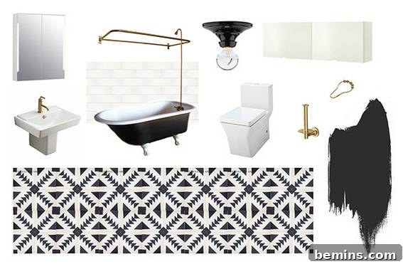 29th Avenue: From Bland to Bold - A Bathroom's Dramatic Transformation 9 Items for a bathroom makeover include a light fixture, wallpaper and plumbing fixtures - Materials Selection