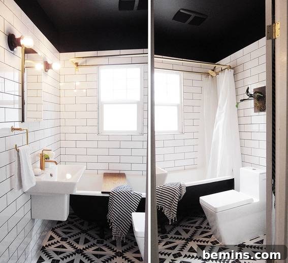 After the Transformation: A Dramatic Bathroom Featuring Black and White Tiles and Modern Design