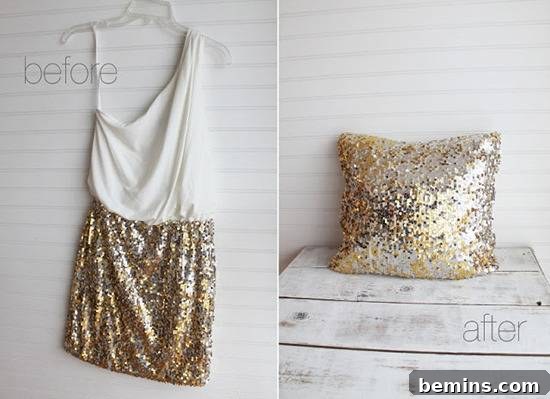 DIY sequin pillow, adding a glamorous and sparkling touch to your living room decor with recycled sparkly outfits.