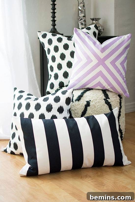No-sew pillow covers in various patterns and colors, perfect for a quick and easy home decor update.