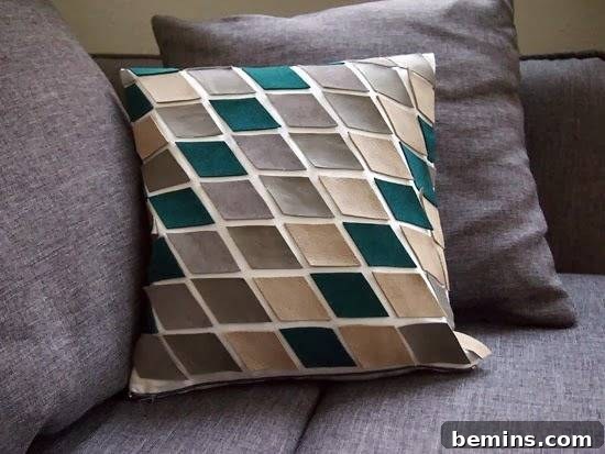 No-sew pillow with leather geometric shapes, adding a modern and sophisticated touch to your living room.