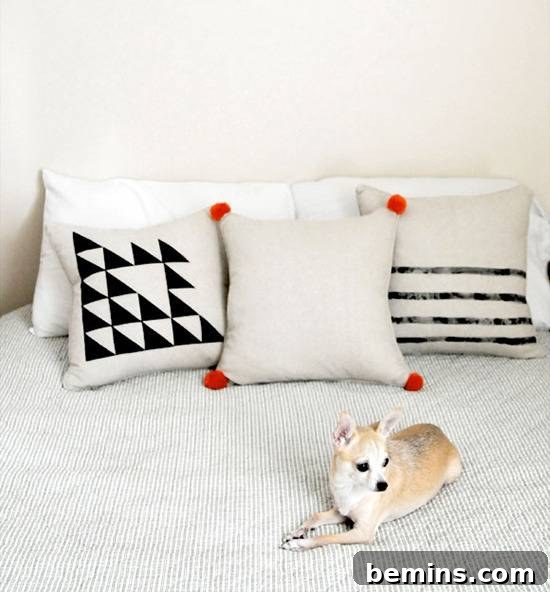 DIY felt-embellished pillows, adding a colorful and textured design with simple felt cutouts and embellishments.