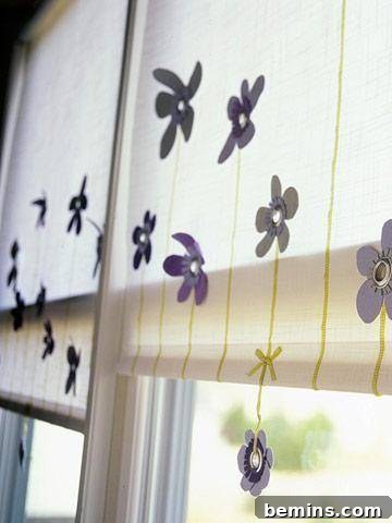 Pull down window shades are white with yellow stripes and purple flowers.