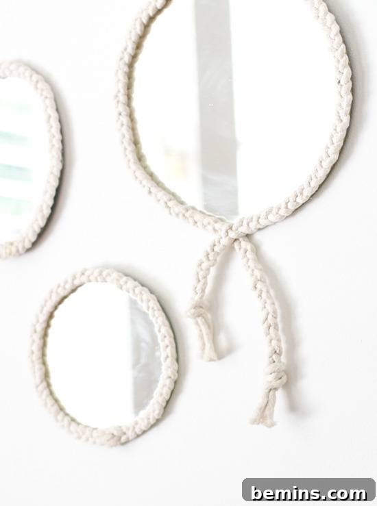 Turn a Plain Mirror into a Showpiece with this Braided DIY 6 Braided with rope mirrors hanging on the wall.