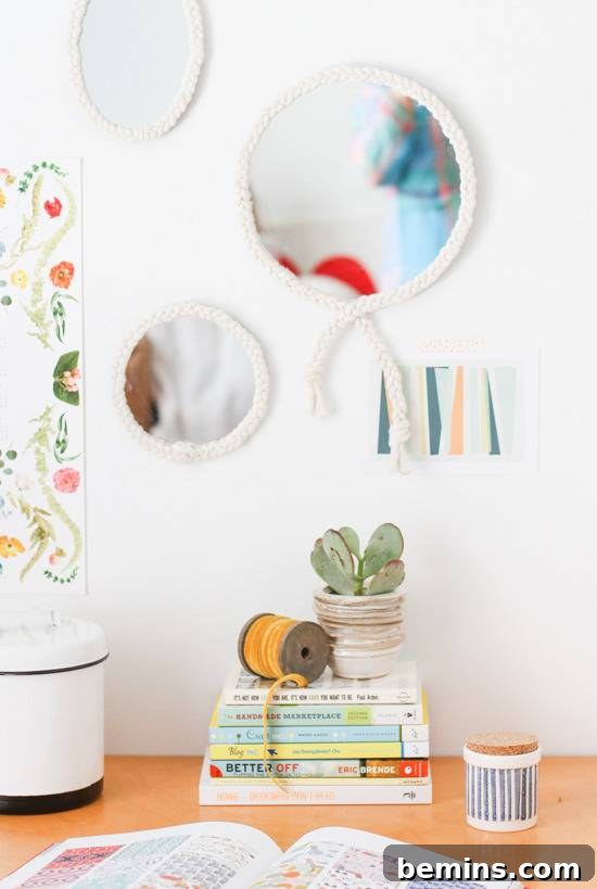 Turn a Plain Mirror into a Showpiece with this Braided DIY 7 Braided mirror and books on the table.
