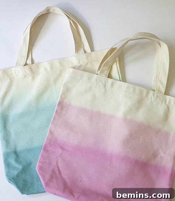 Ten Trendy DIY Tote Bags to Rock This Summer 7 DIY dip-dyed ombre canvas tote bags, a colorful and trendy accessory.