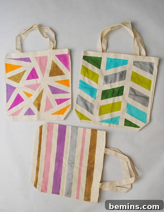 Ten Trendy DIY Tote Bags to Rock This Summer 8 DIY geometric painted tote bags, a creative and artistic accessory.