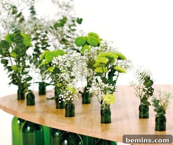 Wine Bottle Coffee Table: Creative DIY Ideas 2 A wine bottle coffee table with flower plants