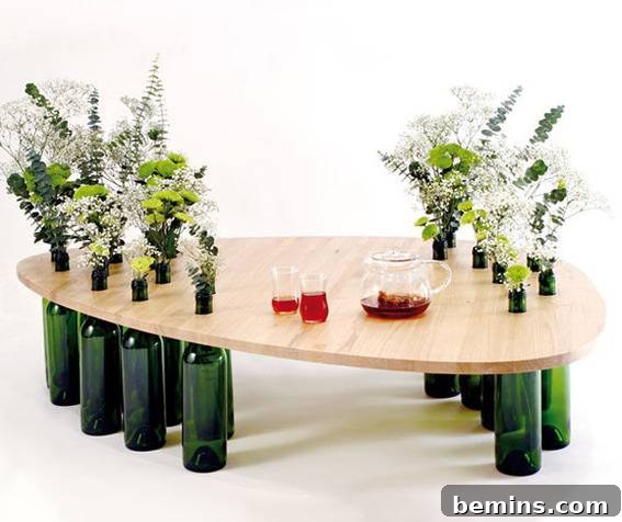 Wine Bottle Coffee Table: Creative DIY Ideas 3 Wine bottle coffee table with plants and wine.