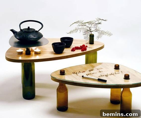 Wine Bottle Coffee Table: Creative DIY Ideas 4 Two coffee tables have wine bottle legs.