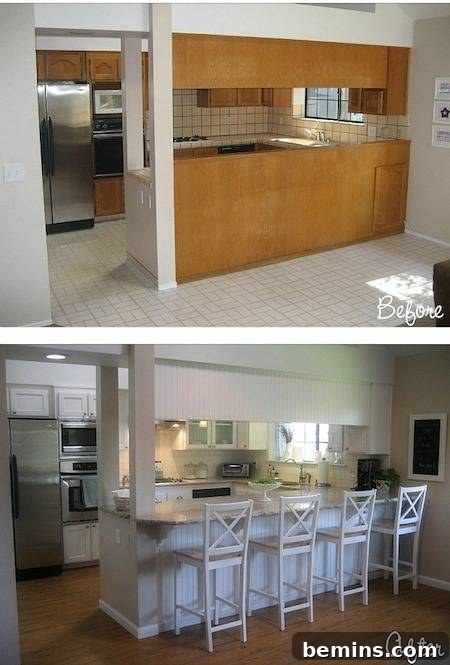 Before and after kitchen renovations, showcasing the new bar and barstools.