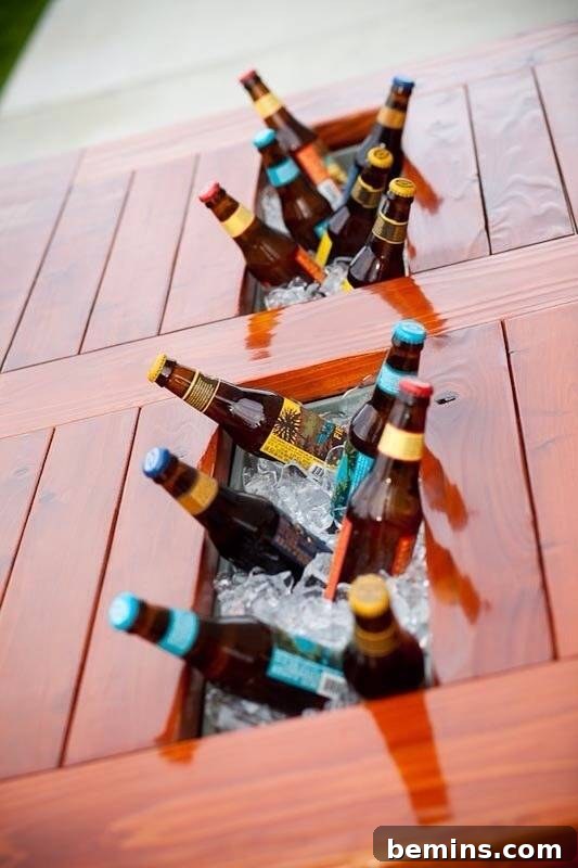 A patio table with a built-in beer cooler, the ultimate addition to Dad's outdoor entertaining space.
