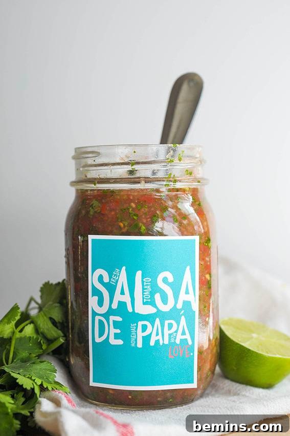 Homemade salsa with free printable labels, a delicious and personalized gift.