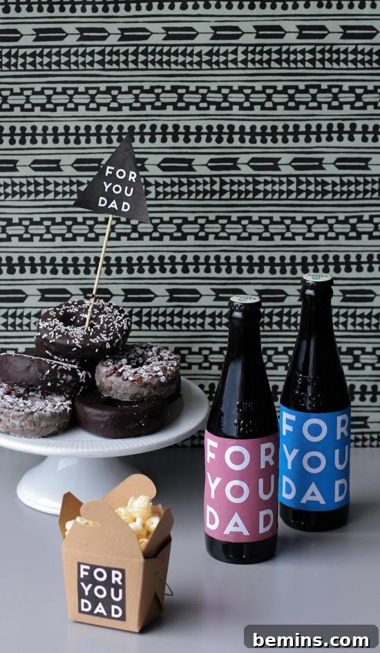 Father's Day printables added to beer, donuts, and popcorn containers, a festive and personalized gift.