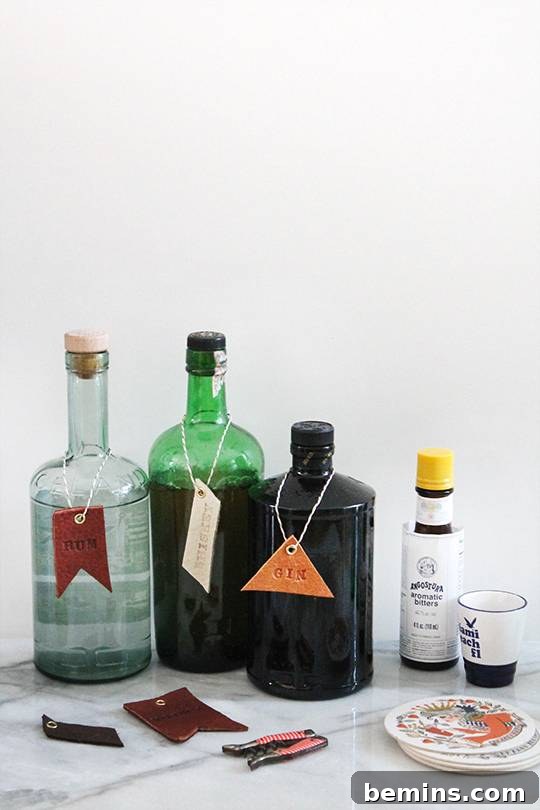 Stylish leather bar tags, adding a personalized touch to Dad's favorite drinks.