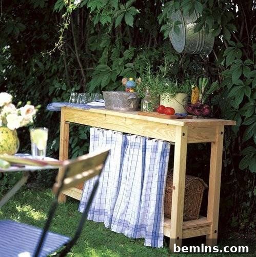 Outdoor Kitchen Dreams: 12 DIY Spaces to Inspire 5 A sideboard with a curtained front, laden with fresh food in an outdoor seating area.