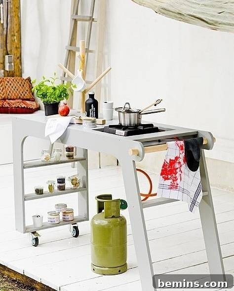 Outdoor Kitchen Dreams: 12 DIY Spaces to Inspire 7 A pot sits on the eye of a propane stove set up on a bright white porch.