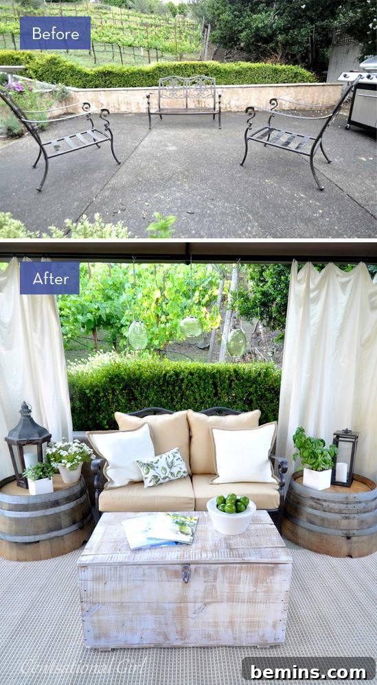 Backyard Bliss: 8 Stunning Transformations for Unforgettable Gatherings 4 Backyard transformation featuring an indoor-outdoor rug and rustic-chic furniture.