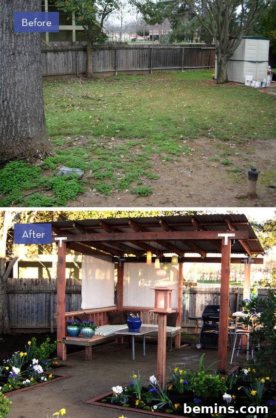Backyard Bliss: 8 Stunning Transformations for Unforgettable Gatherings 6 Backyard makeover with a roof addition and colorful flower plantings.