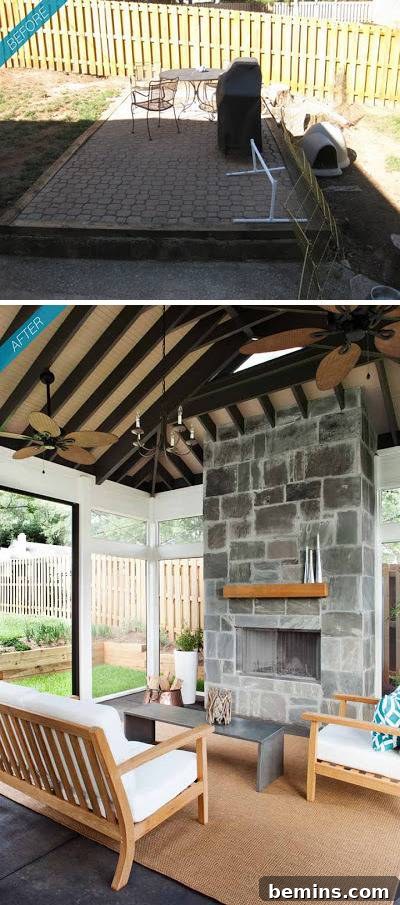 Backyard Bliss: 8 Stunning Transformations for Unforgettable Gatherings 7 Extensive backyard renovation featuring an outdoor fireplace and comfortable seating.