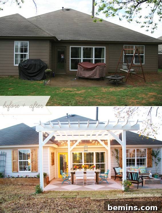 Backyard Bliss: 8 Stunning Transformations for Unforgettable Gatherings 9 Backyard featuring a pergola, brightly colored chairs, and a fire pit.
