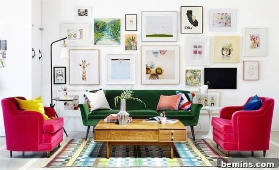 A thoughtfully furnished living room, featuring multiple framed artworks arranged aesthetically on the wall, creating a gallery-like display and adding personality to the space.