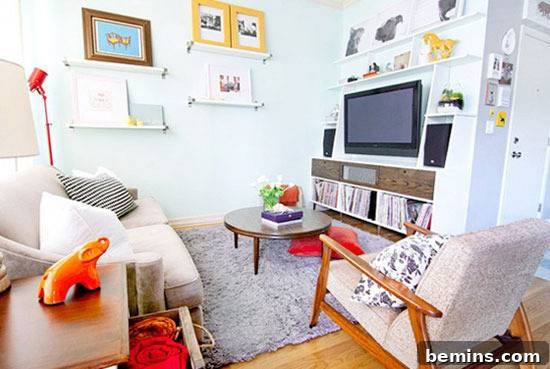 A cozy and inviting living room featuring an array of carefully arranged photo frames on the wall, alongside various home products that add character and warmth to the space.