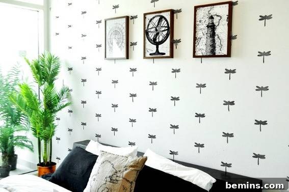 Stamped statement wall design with wall hangings,cushions and plants at the corner.