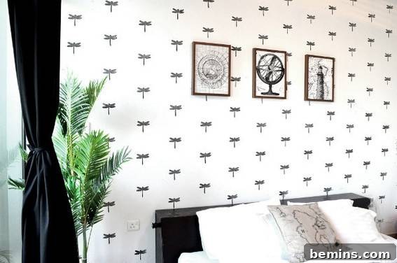 White bedroom with uniform print all over the wall.