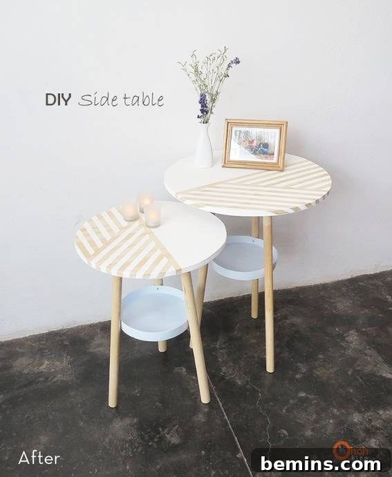 Two stylish side tables made from paint buckets, featuring striped designs