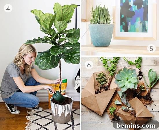 Craft Your Summer Garden: 20 DIY Planter Ideas 3 A woman tending to a potted plant, with a blue-green decorative pot and rustic paper envelopes holding succulents nearby.
