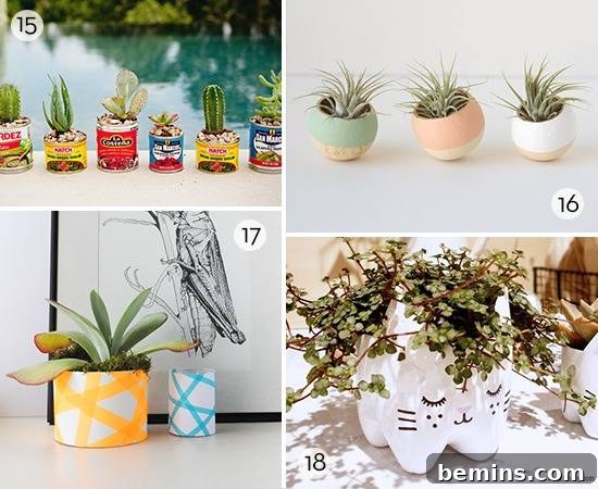 Craft Your Summer Garden: 20 DIY Planter Ideas 7 An artistic display of colorful and creatively designed planters, each holding small plants and cacti.
