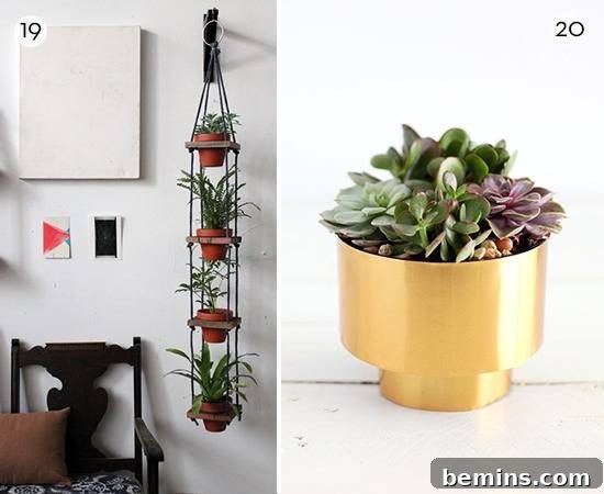 Craft Your Summer Garden: 20 DIY Planter Ideas 8 A split-screen view showing an interior with hanging plants next to a striking gold potted plant.