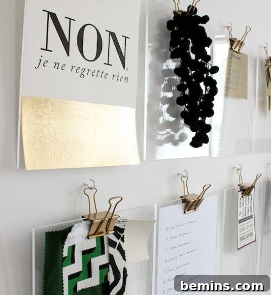 A wall full of notes hanging from the clips.
