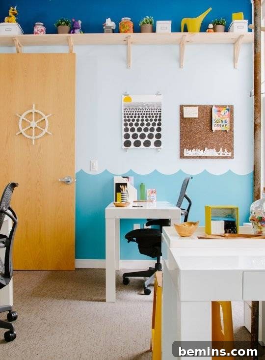 Visually Stunning: 17 Inspiring Workspace Designs 17 A colorful room has a big yellow door.