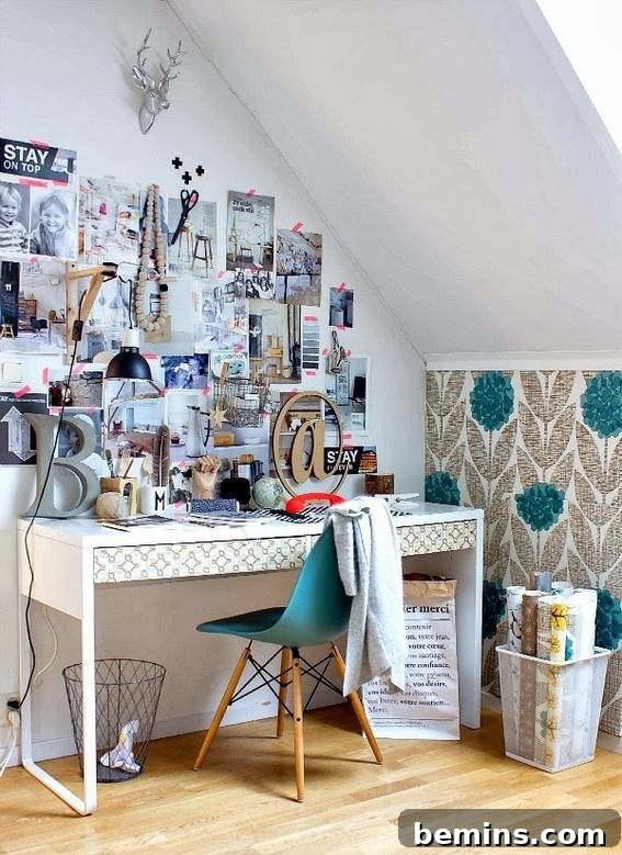 Visually Stunning: 17 Inspiring Workspace Designs 5 An office workspace with lots of inspiration pictures on the wall.